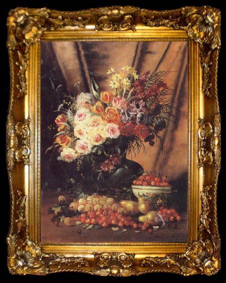 framed  Modeste Carlier A Still life with Assorted Flowers,Cherries Pears and Quince, ta009-2